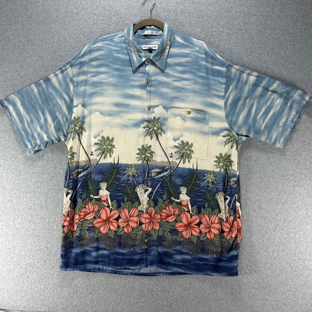 Pierre Cardin Button Up Shirt Mens XL Blue Rayon Tropical Pinup Girl Aloha Retro